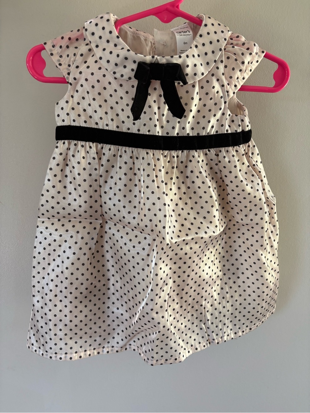 Carter's Cream and Black Polka Dot Dress with Velvet Bow